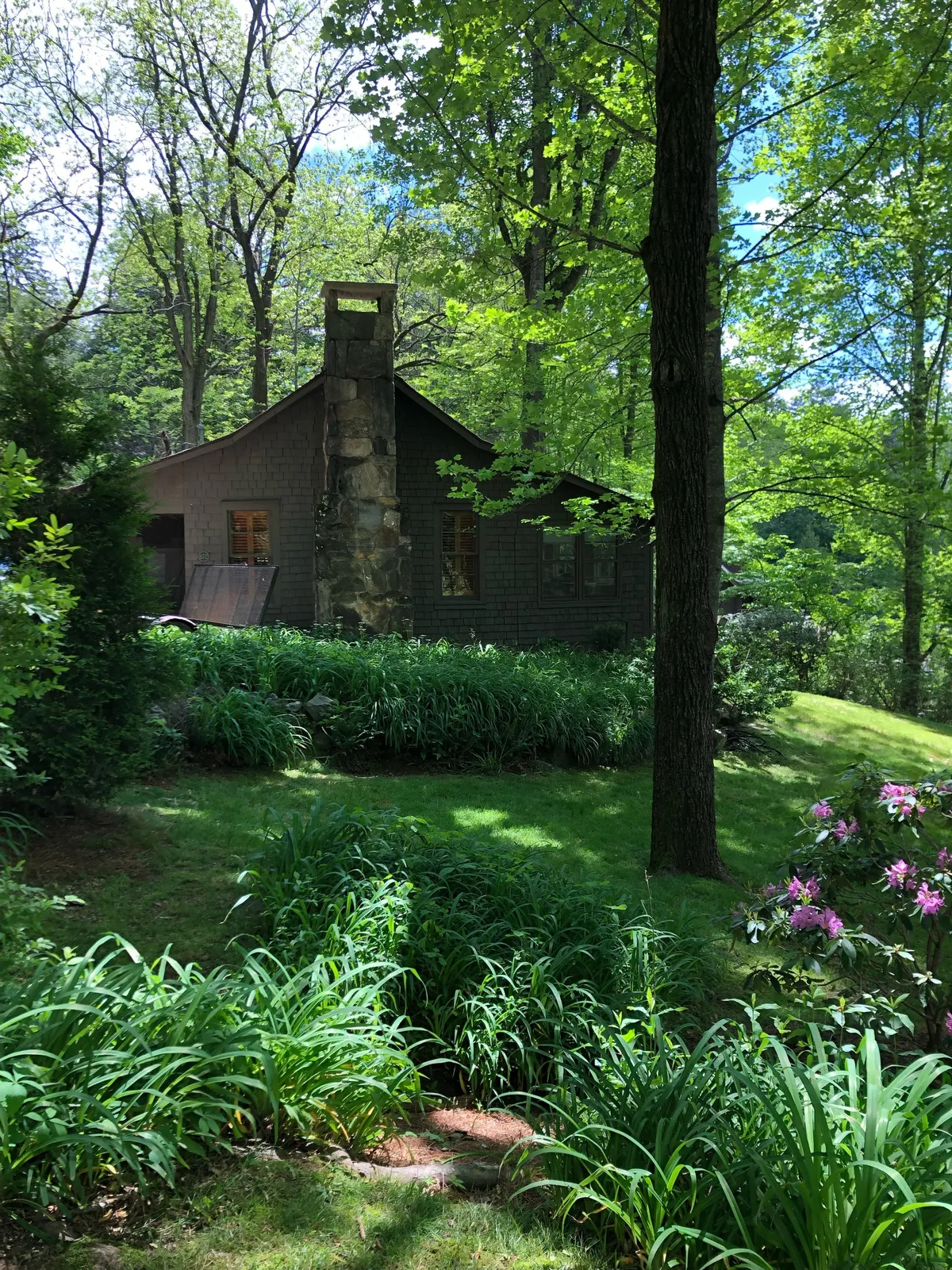 The image showcases a charming wooden cottage nestled in lush greenery, with a striking stone chimney, vibrant flowers framing the porch, and sunlight casting a warm glow over the peaceful setting. The scene evokes tranquility and invites guests to imagine relaxing outdoors, surrounded by nature's beauty.