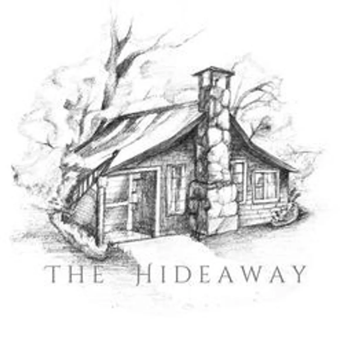 This image showcases the exterior of The Hideaway Of Horse Cove, featuring a rustic stone chimney, a welcoming wooden structure, and a classic doorway. The tranquil mood is set by the peaceful natural surroundings, inviting exploration and connection with the environment.